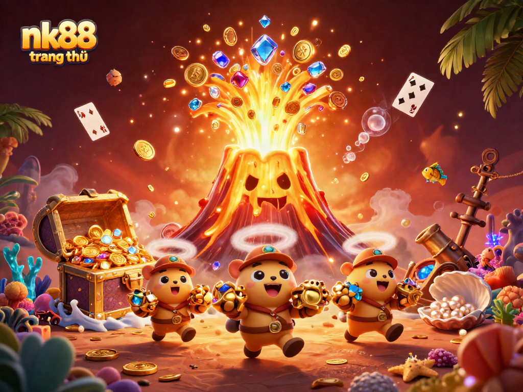 Engage in thrilling fun at nk88 trang chủ with a vibrant illustration of a golden volcano and treasures.