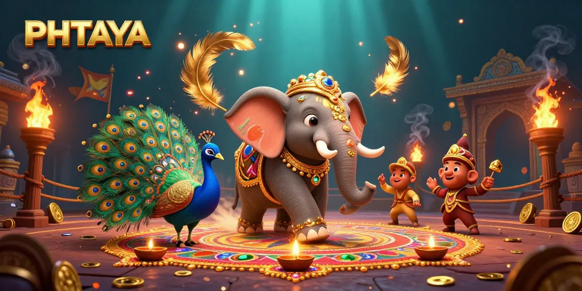 PHTAYA players enjoying immersive gaming with a cartoon elephant and peacock in vibrant colors.