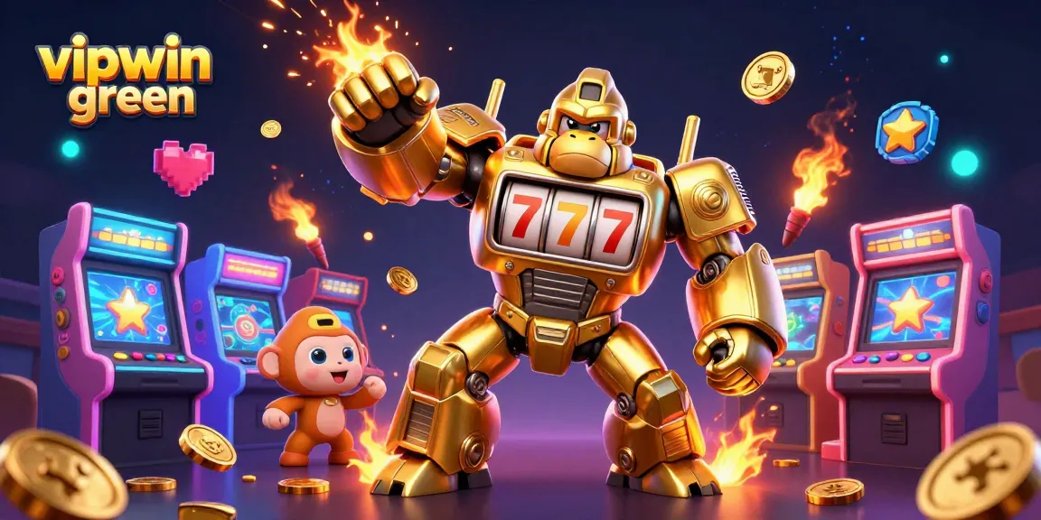Experience the excitement of vipwin green with a dynamic 3D illustration featuring a golden gorilla mech and arcade games.