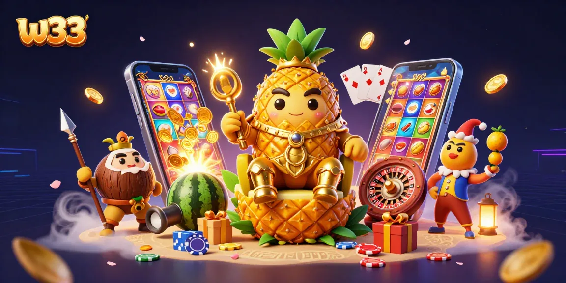 Engage with the vibrant gaming world at w33 featuring a golden pineapple king in a dynamic casino scene.