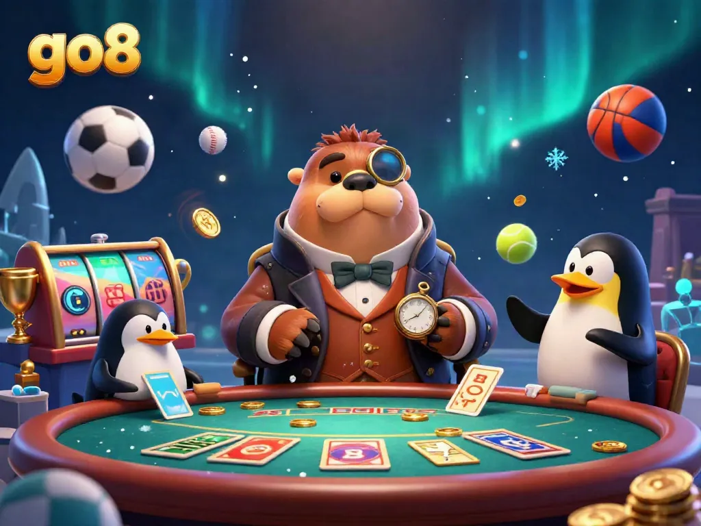 Engage with go8's vibrant underwater gaming scene showcasing a walrus, dealer penguin, and bluffing pufferfish.