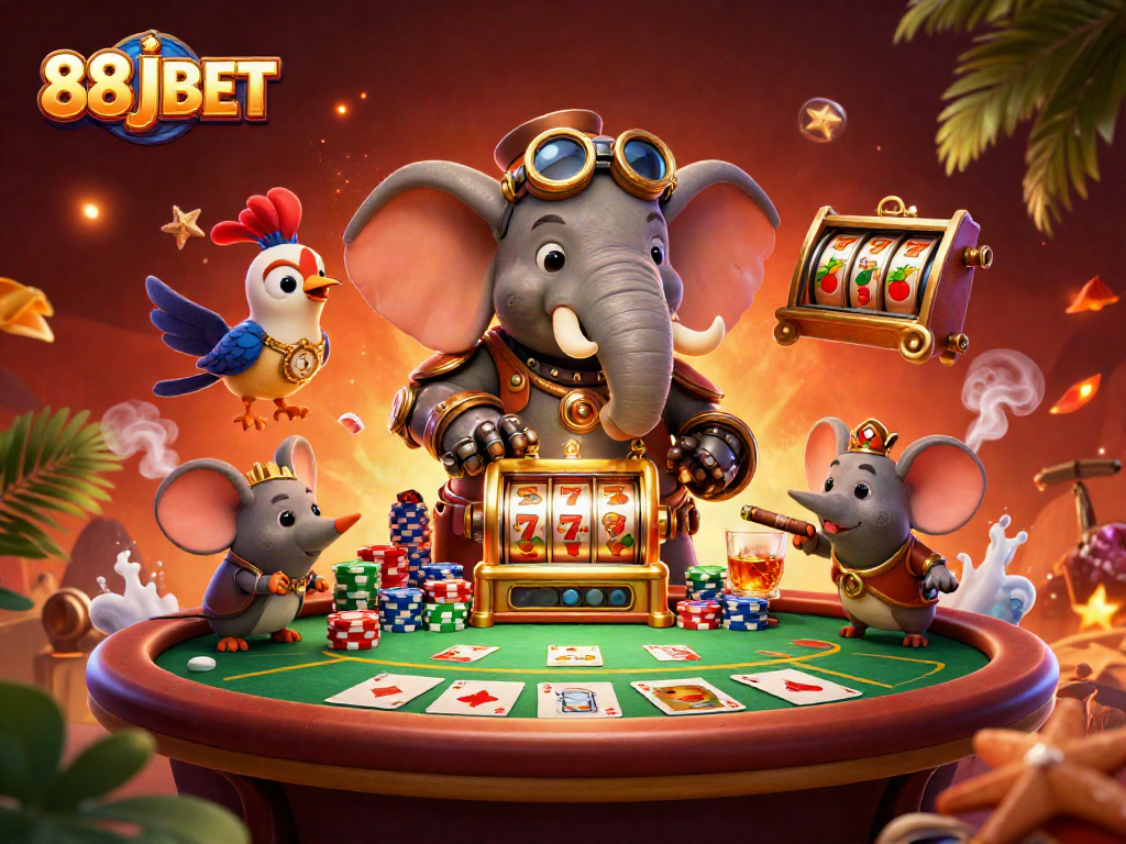 Engage with 88JBET's thrilling slot machine action featuring a steampunk elephant and vibrant game elements.