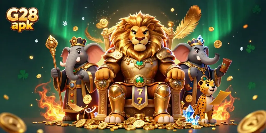 Join the thrilling action in G28 apk with a fierce lion king atop a gold throne surrounded by casino elements.