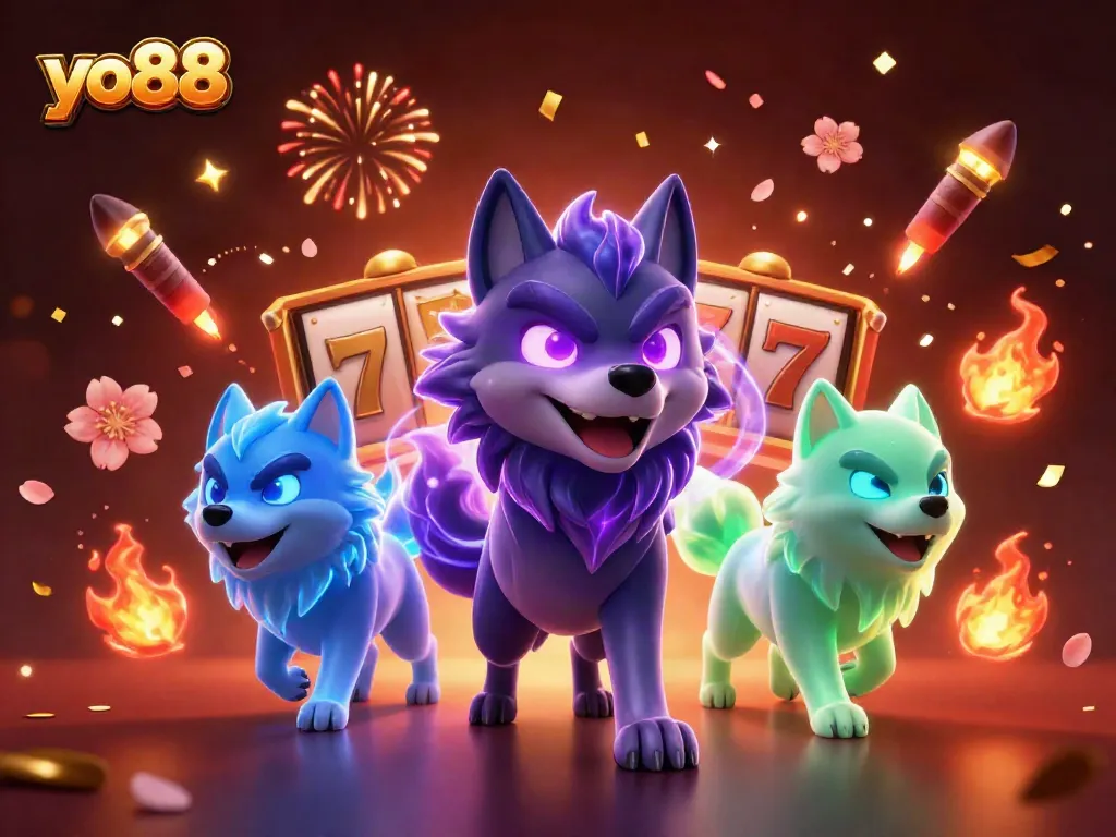Experience thrilling gameplay at yo88 with the shadow wolf pack in a vibrant, casino-themed illustration.