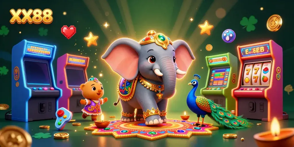 Engage with exciting casino action at XX88, featuring vibrant colorful characters in a dynamic digital illustration.