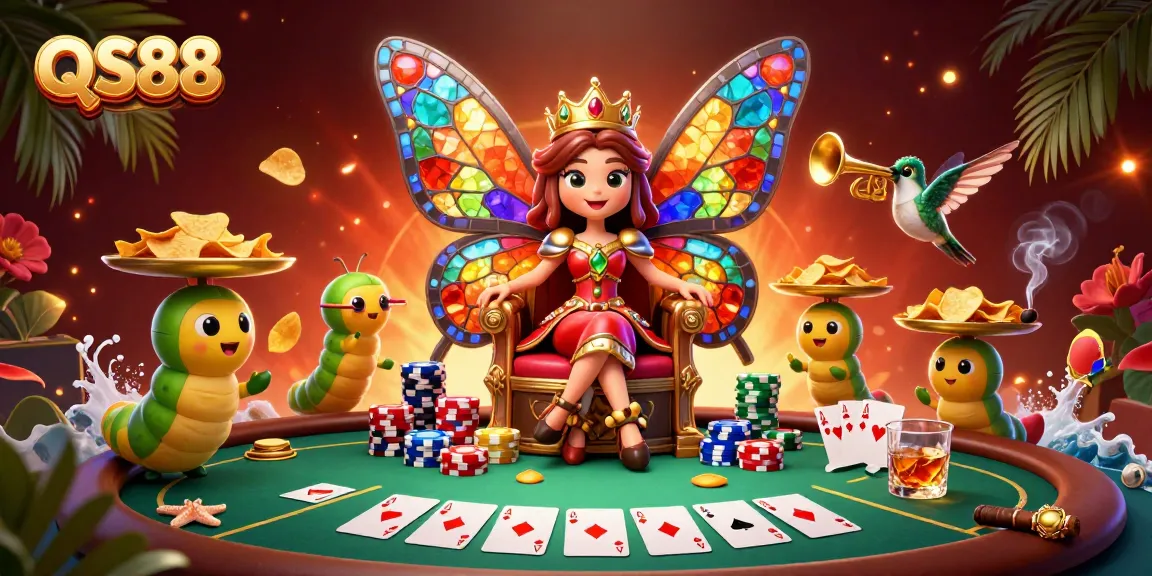 Engage with the vibrant performance of QS88, featuring a butterfly queen in a casino scene surrounded by poker essentials.