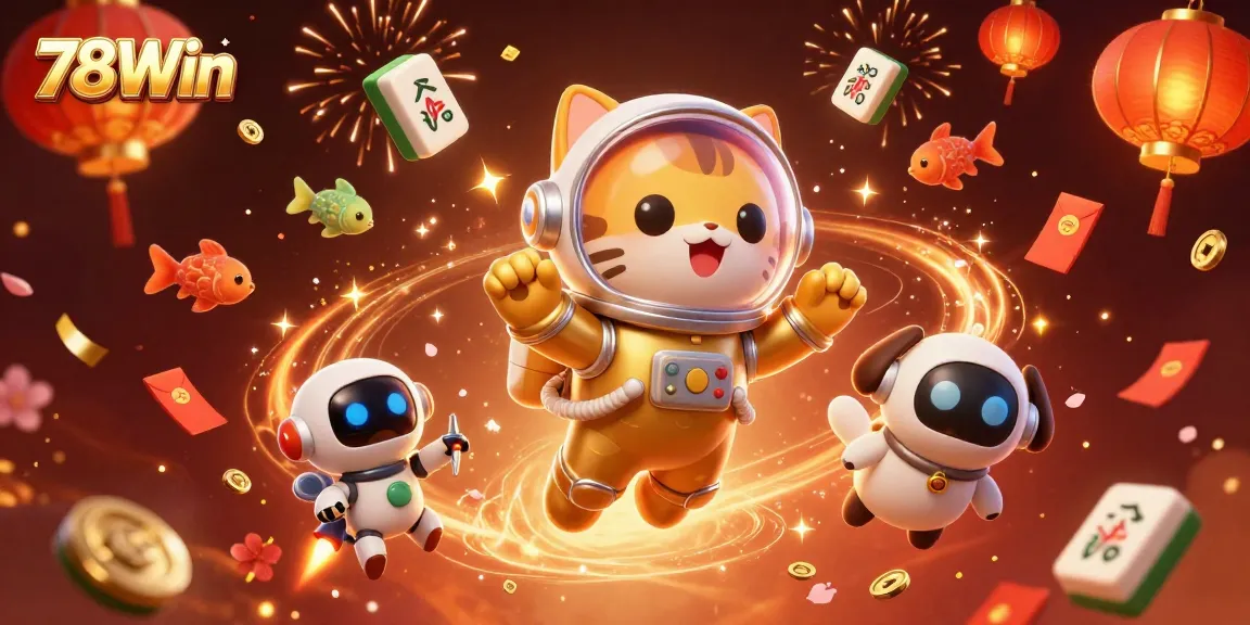 Experience the thrill of 78Win with an astronaut cat amidst golden casino-themed elements.