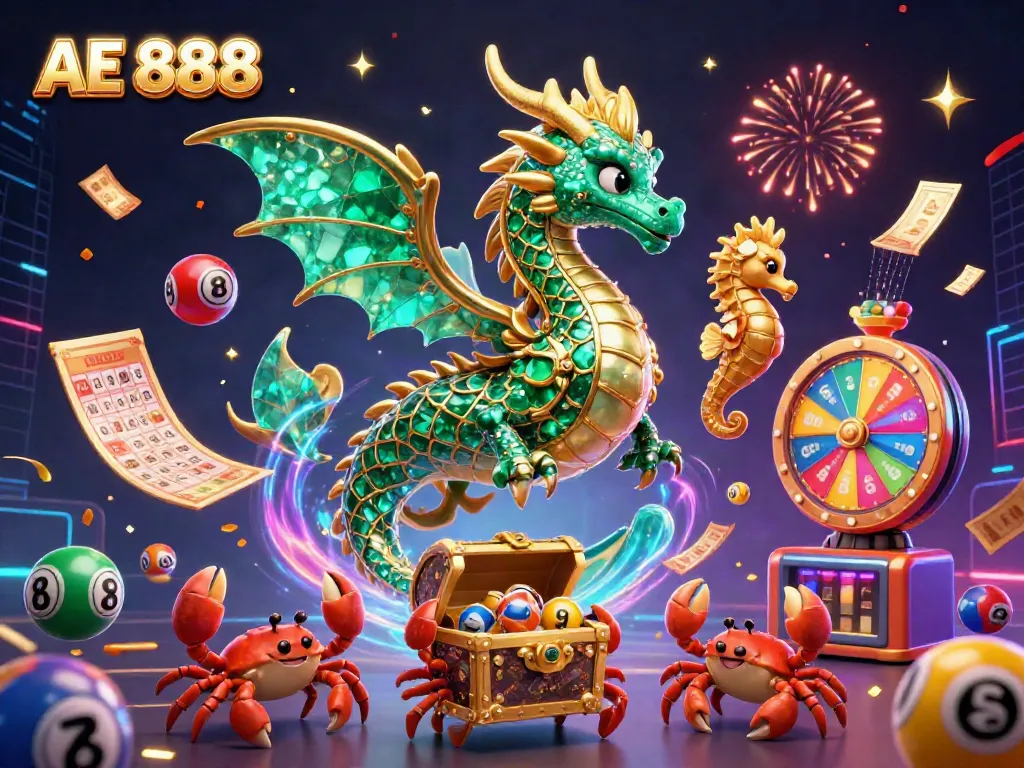 Engage with AE 888's vibrant sea dragon and colorful lottery elements in a festive casino scene.