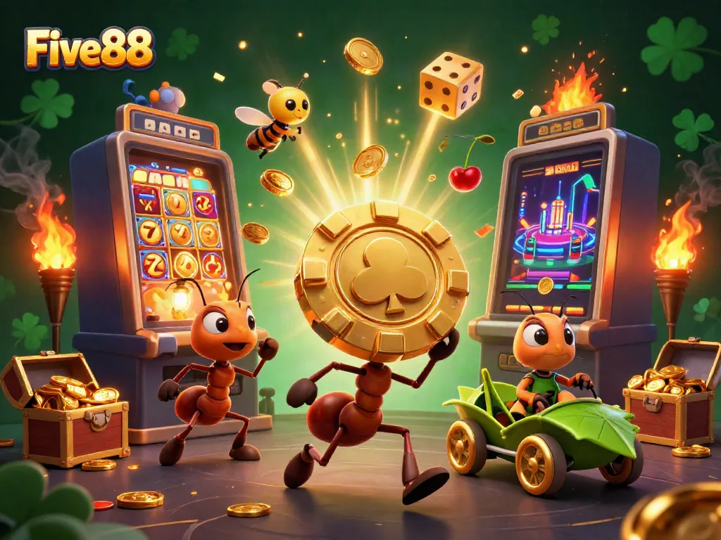 Experience the thrilling world of Five88 with cartoon ants carrying a giant poker chip amidst a jackpot explosion.