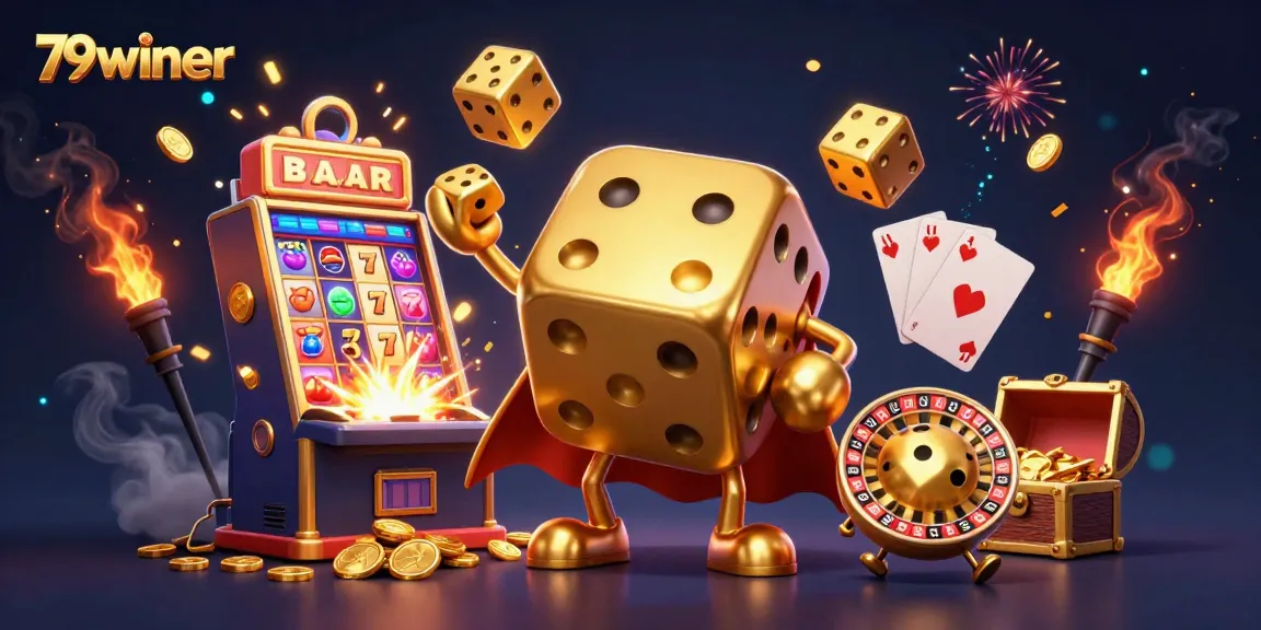 79winer promotes exciting casino adventures juggling golden dice and winning jackpots.
