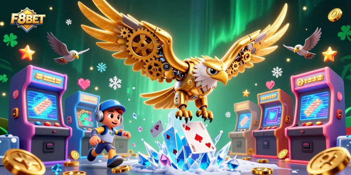 Engage with the thrilling world of F8BET as a cybernetic eagle soars through a vibrant array of casino games.