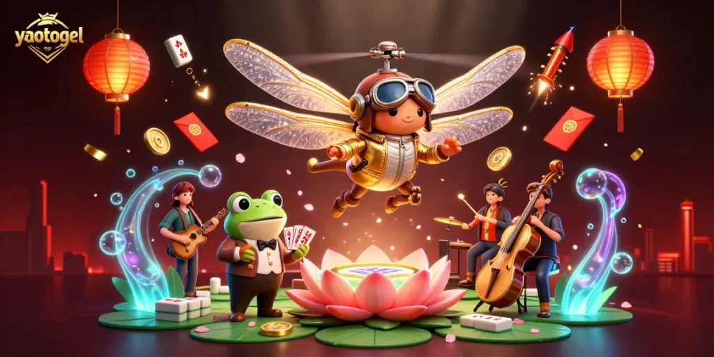 Experience the thrill of yaotogel as the dragonfly pilot hovers over a lively casino scene.