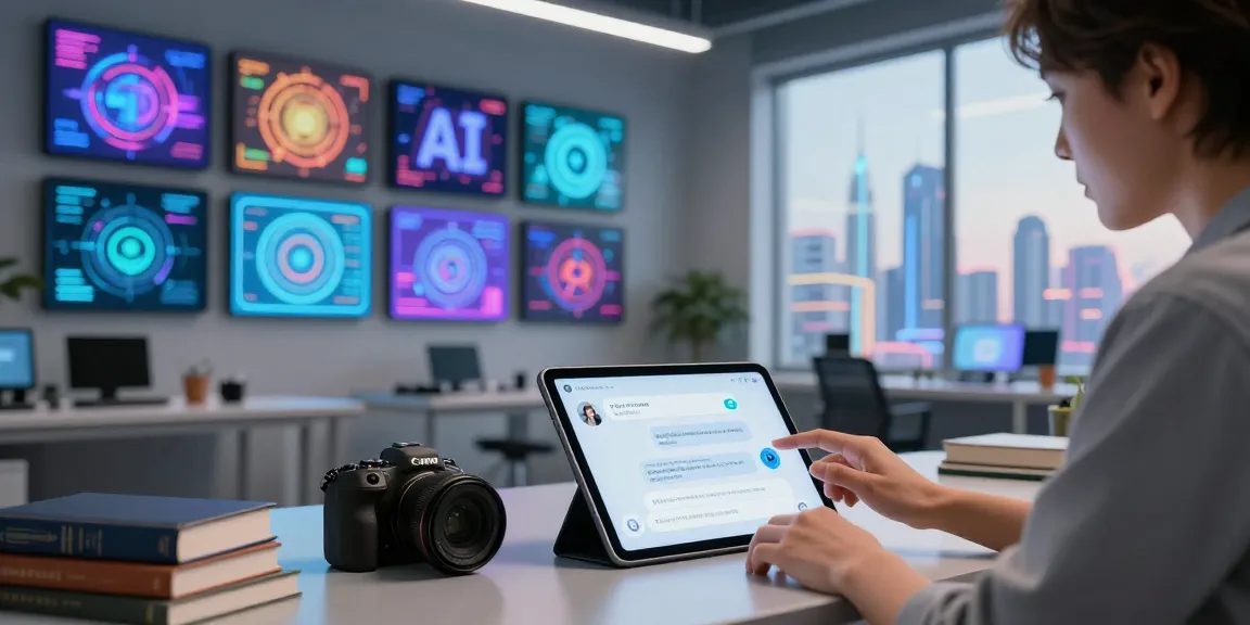 Engaging scene of a modern tech workspace showcasing hot ai applications with a person interacting with an AI chatbot.