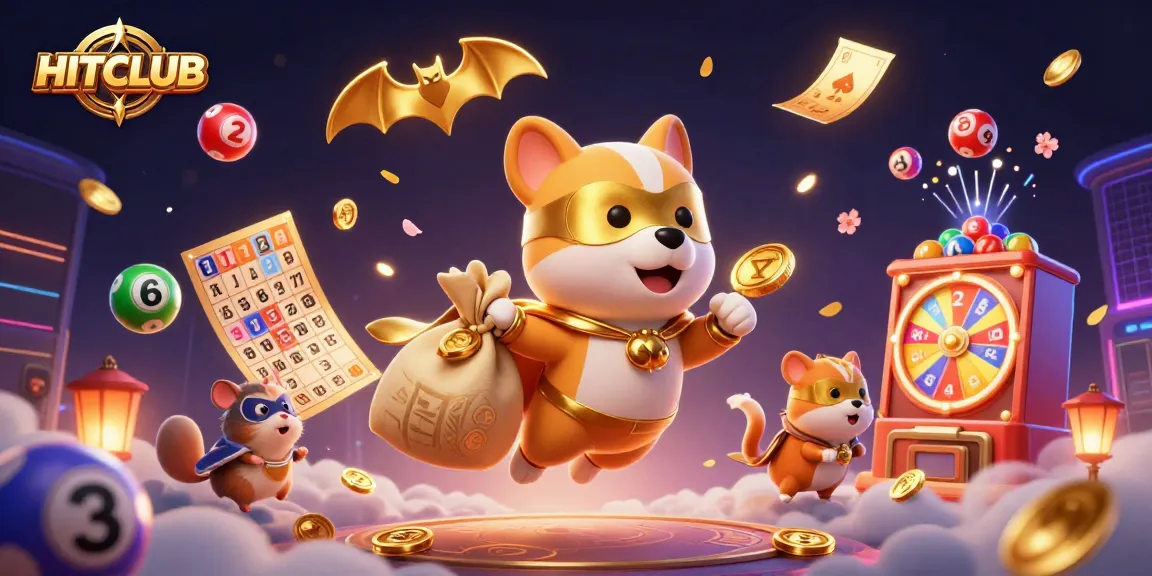 HITCLUB showcases a dynamic 3D superhero dog and hamster delivering golden coins amid vibrant casino elements.
