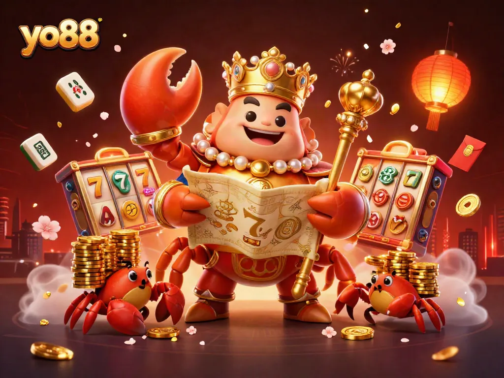 Engage in exciting gameplay at yo88 with the golden crab emperor surrounded by vibrant casino elements.