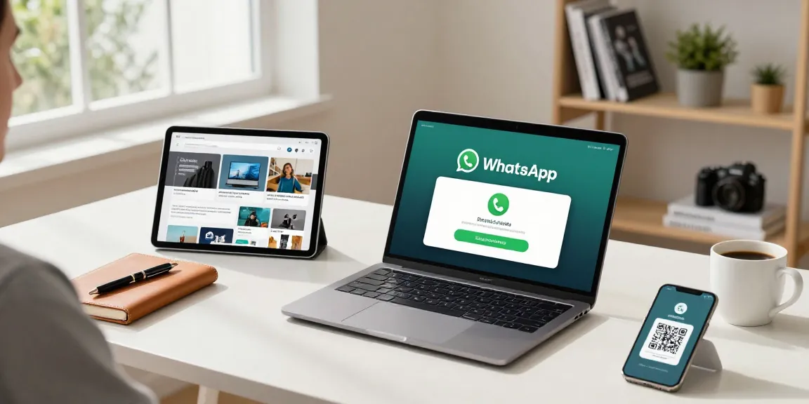 WhatsApp下載 on a sleek laptop in a modern workspace with tech gadgets and natural light.