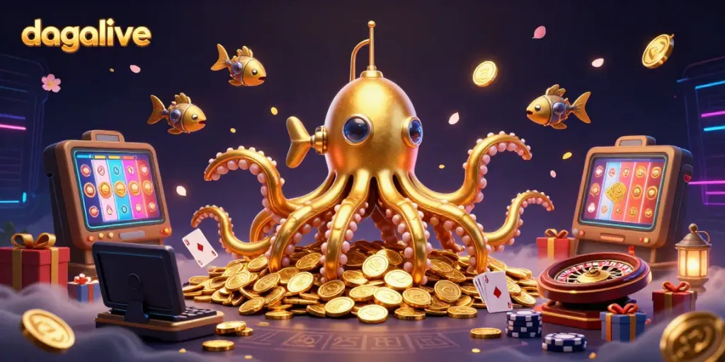 Experience dagalive's thrilling excitement with a golden kraken submarine and casino elements.