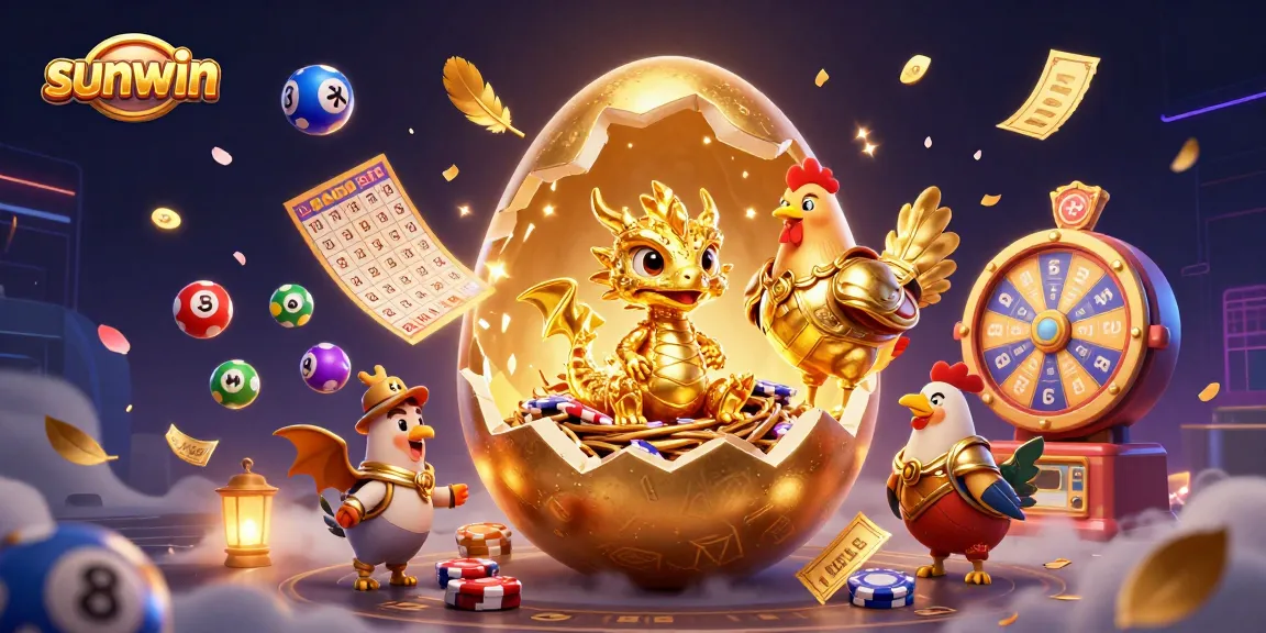 Play the exciting sunwin games featuring a baby dragon, colorful lottery balls, and golden elements.