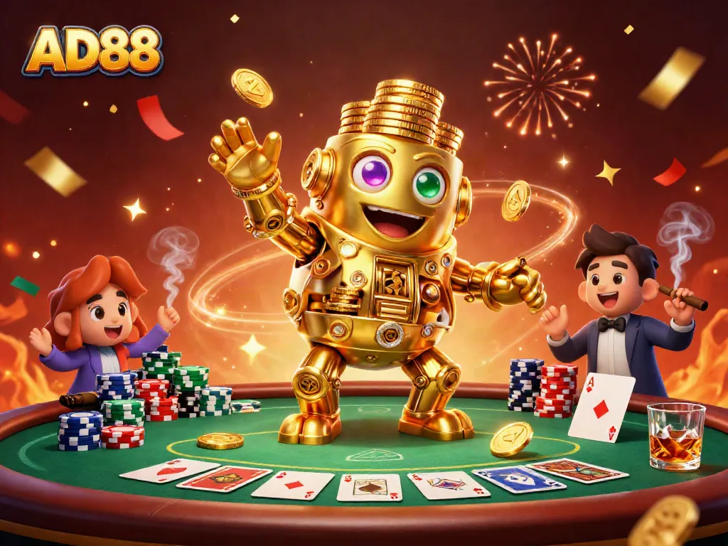 Experience thrilling gaming at AD88 with a golden golem amidst poker action and festive lights.