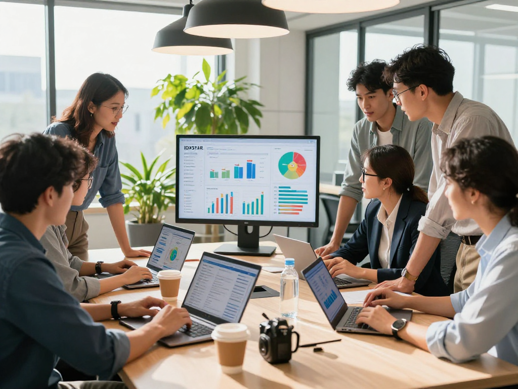 Collaboration in a modern office analyzing IDXSTAR performance metrics with vibrant team energy.