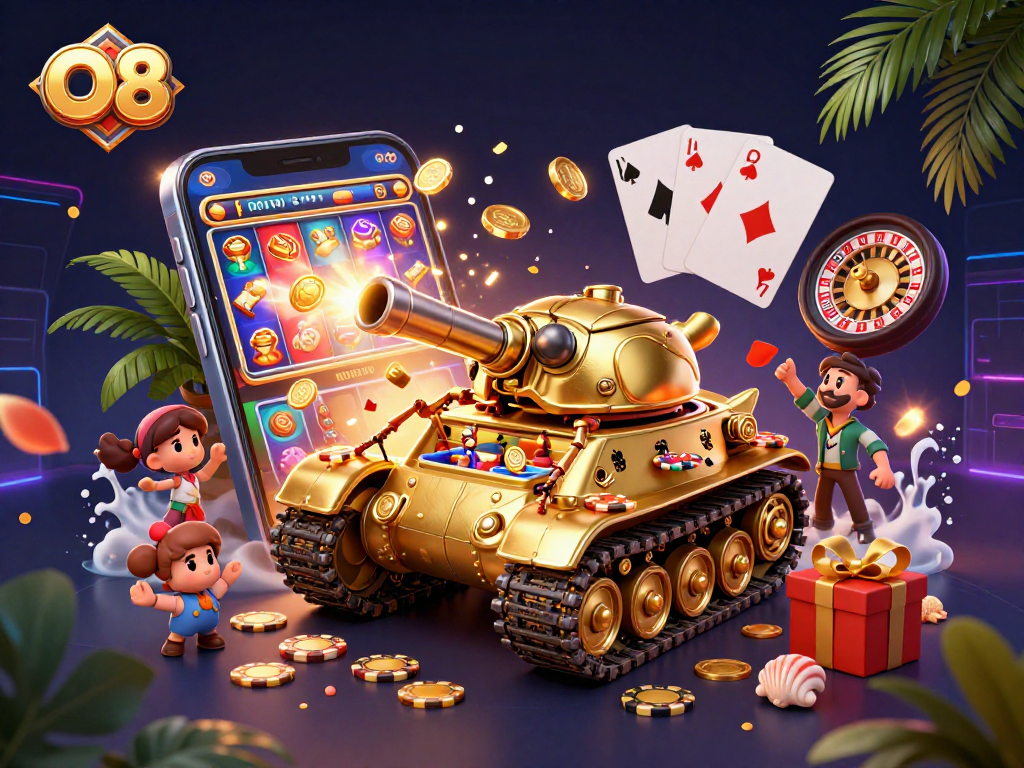 Engage with O8's vibrant casino experience featuring a golden beetle tank revealing a mini casino.