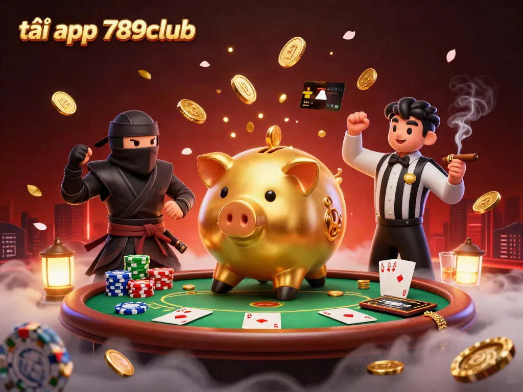 Tải app 789club with a golden piggy bank sumo wrestler and poker game elements in a dynamic 3D scene.