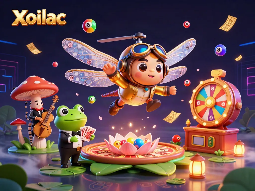 Xoilac showcases lively 3D gambling themes with a dragonfly pilot, frog croupier, and vibrant casino elements.