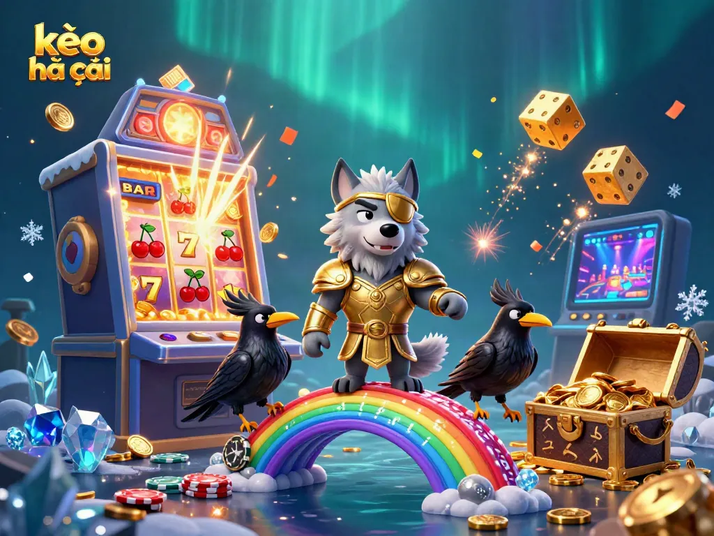 Experience kèo nhà cái with a mythical scene featuring a Norse wolf and ravens amidst a vibrant casino theme.