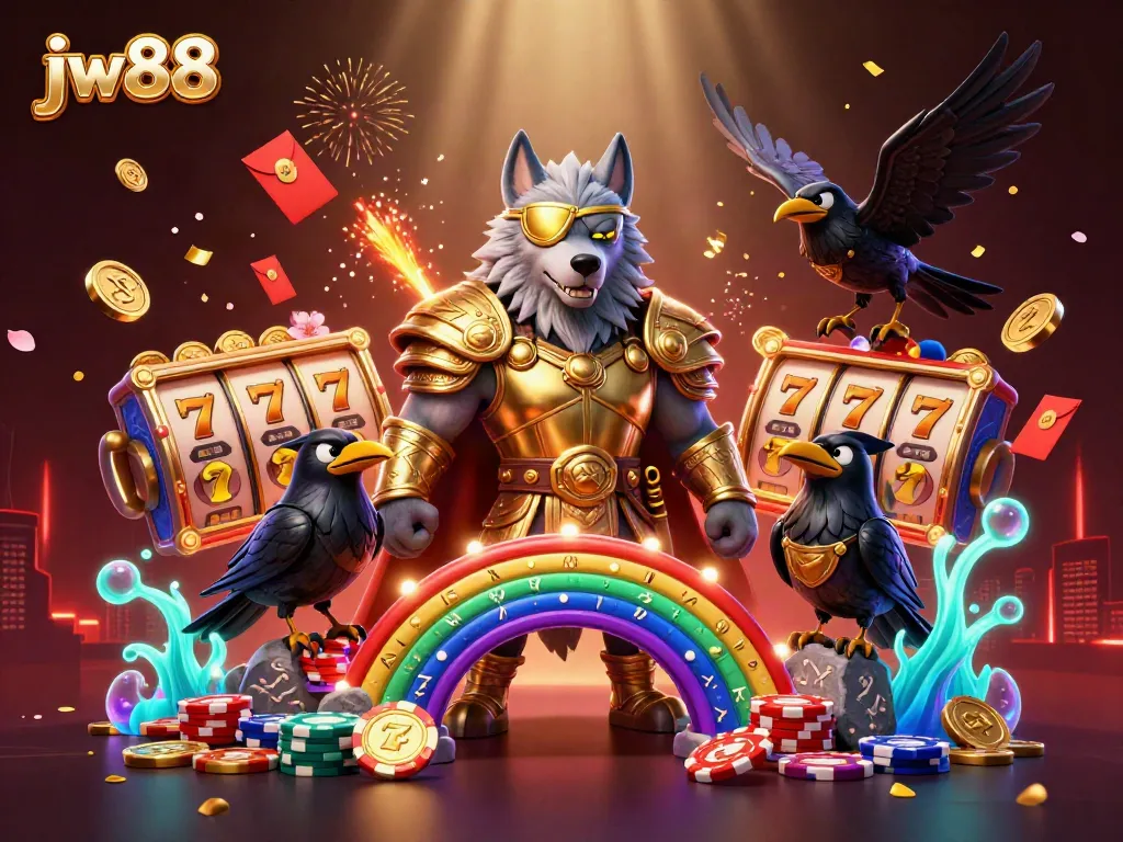 Engage with jw88's thrilling gaming world, showcasing vibrant slot reels, lucky symbols, and Norse-inspired characters.