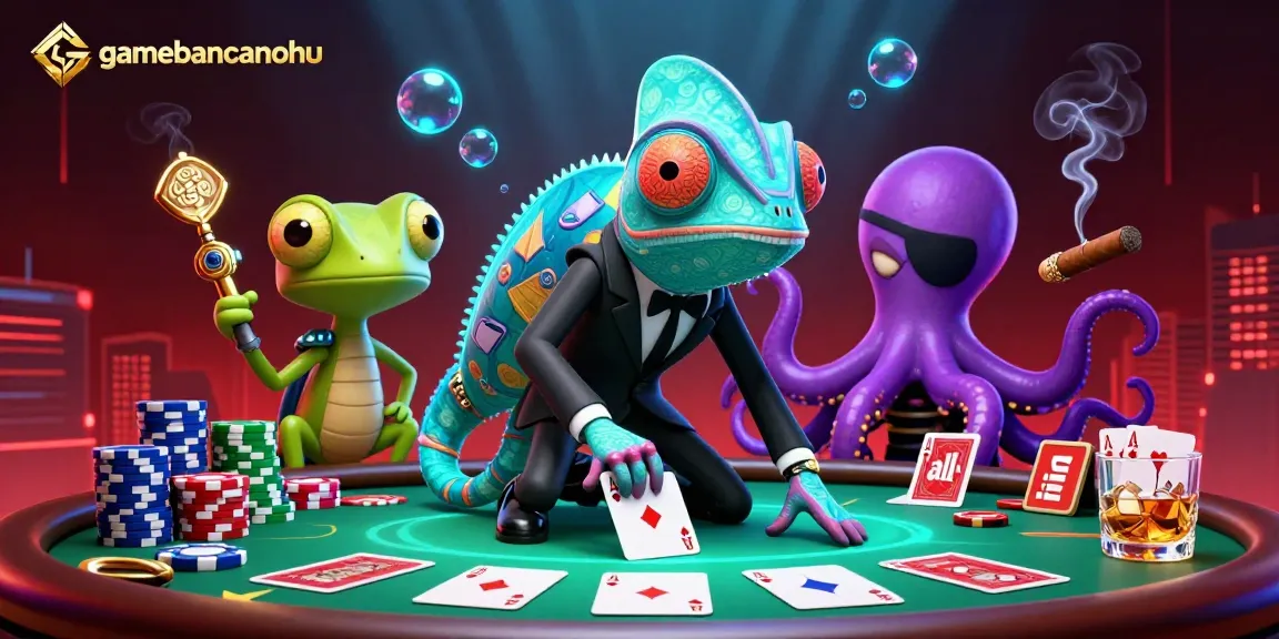 Engage with gamebancanohu's dynamic poker scene featuring a secret agent chameleon, tech gecko, and villainous octopus.