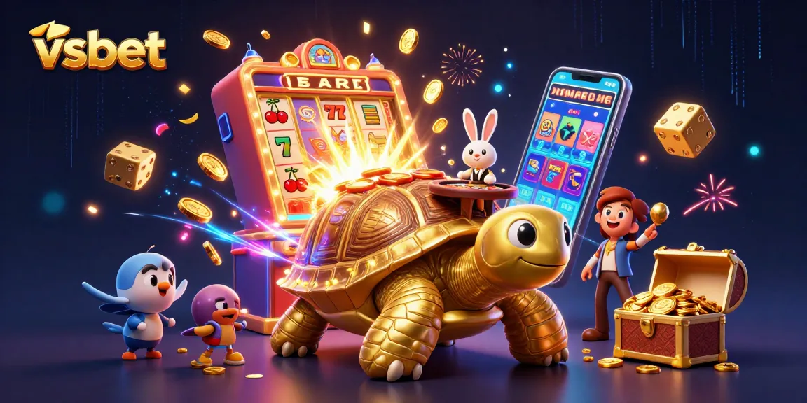 Experience the magic of vsbet with a vibrant 3D illustration of a golden tortoise casino and flying golden coin birds.