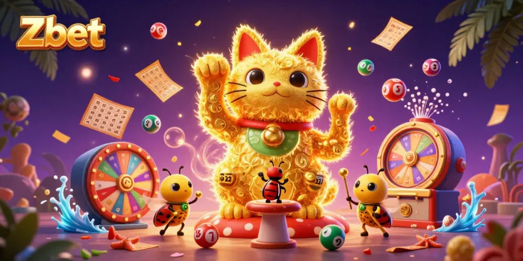 Experience the vibrant dynamic scene of Zbet showcasing a lucky cat illustration amidst casino symbols.