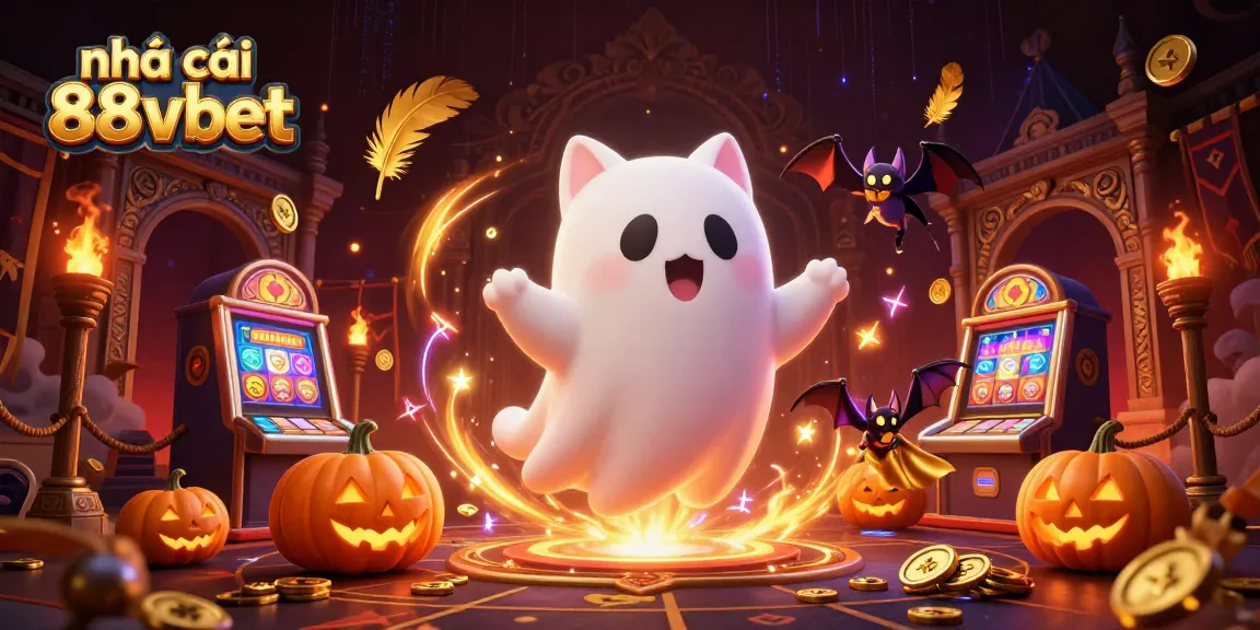 Experience the excitement at nhà cái 88vbet with a captivating 3D casino scene featuring a friendly ghost cat.