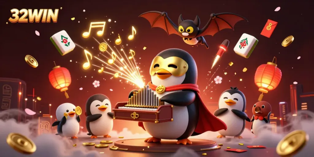 Engaging 32WIN casino scene with a penguin playing an organ amidst vibrant gambling elements.