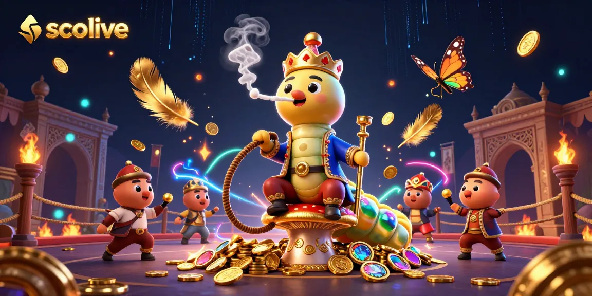 Socolive engages players with vibrant casino atmosphere featuring a Turkish sultan caterpillar character amidst golden coins and bets.