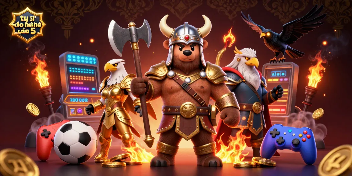 Engage with tỷ lệ kèo nhà cái 5 featuring a Viking bear and Valkyrie eagle amid dynamic betting visuals.