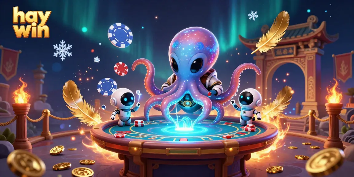 Experience hay win with an alien octopus at a holographic poker table surrounded by vibrant casino elements.