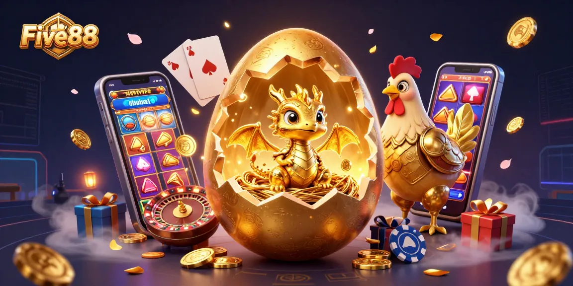 Play Five88 games with excitement as the golden dragon reveals treasures amidst poker chips and slots.