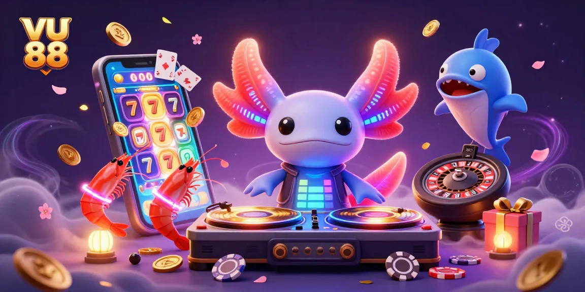 Spin golden slot reels at vu 88 with a lively axolotl DJ and colorful casino elements.