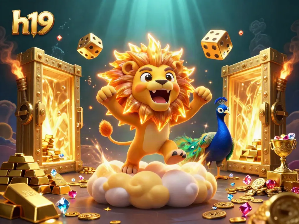 Experience exhilarating games like h19 alongside golden treasures in a vibrant 3D casino scene.