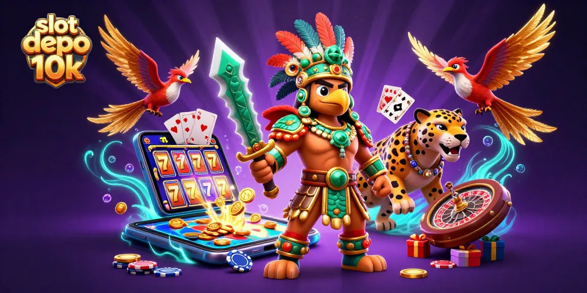 Experience thrilling wins with slot depo 10k; vibrant 3D illustration of warriors and casino elements.