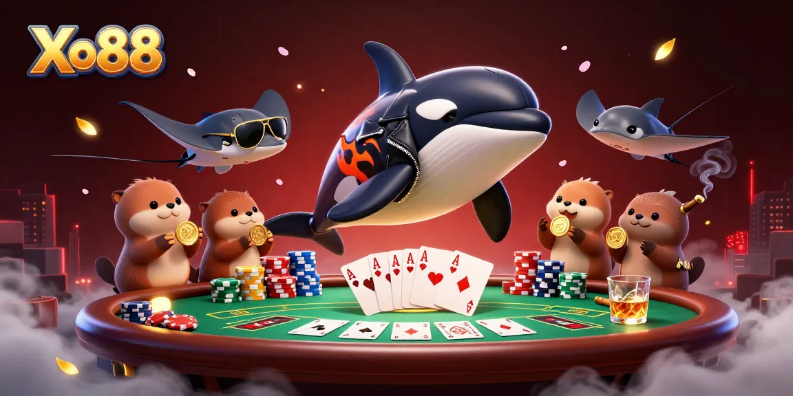 Xo88 showcases a thrilling gambling scene with a biker orca, aviator stingray, and otters holding coins.