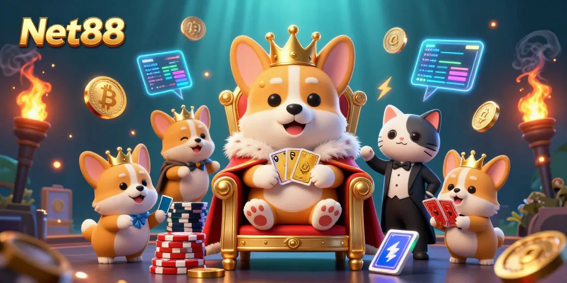 Engage with exciting Net88 online gaming through a vibrant scene of royal-themed characters and cryptocurrency elements.