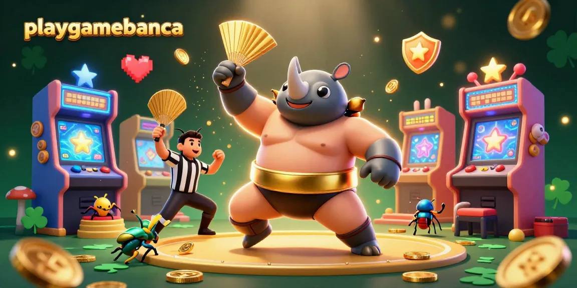 Playgamebanca highlights a vibrant 3D casino scene with dynamic characters and colorful game elements.