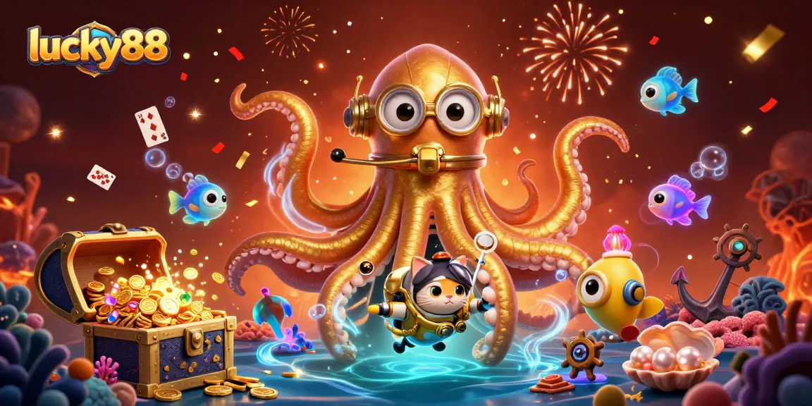 Engage with lucky88's thrilling slots as bioluminescent creatures and a golden kraken illuminate the scene.