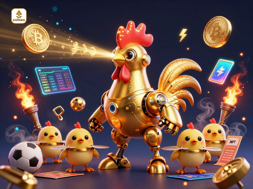 Engage with soikeo's dynamic sports betting scene featuring a golden rooster robot and baby chick drones.