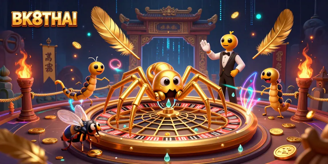 Experience BK8THAI like never before with this dynamic scene featuring a golden spider and centipede croupier in an exciting casino environment.