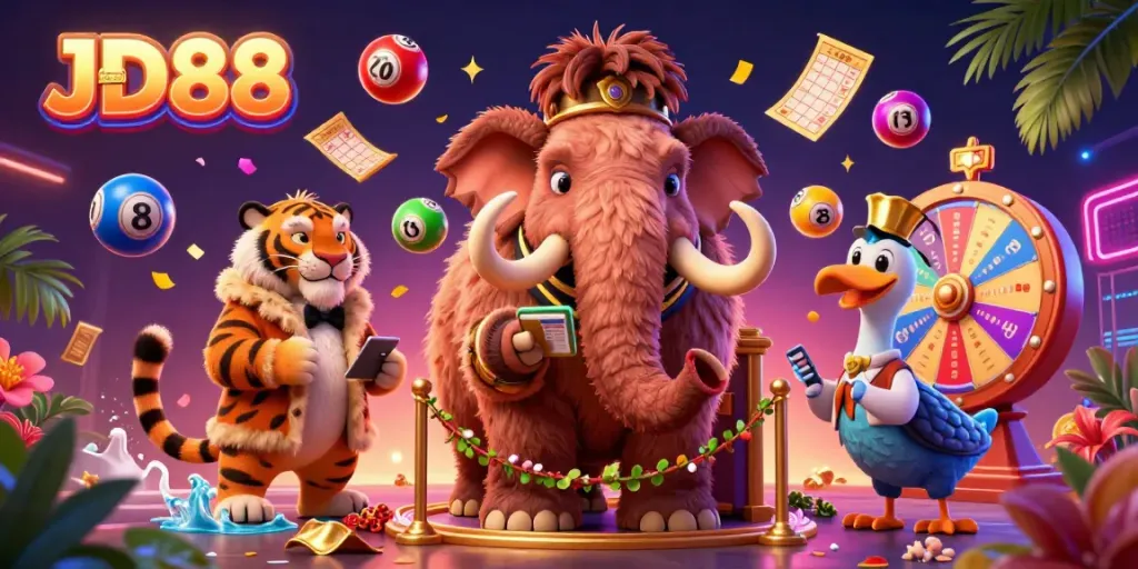 Experience the thrilling world of JD88 with playful characters at a casino entrance.
