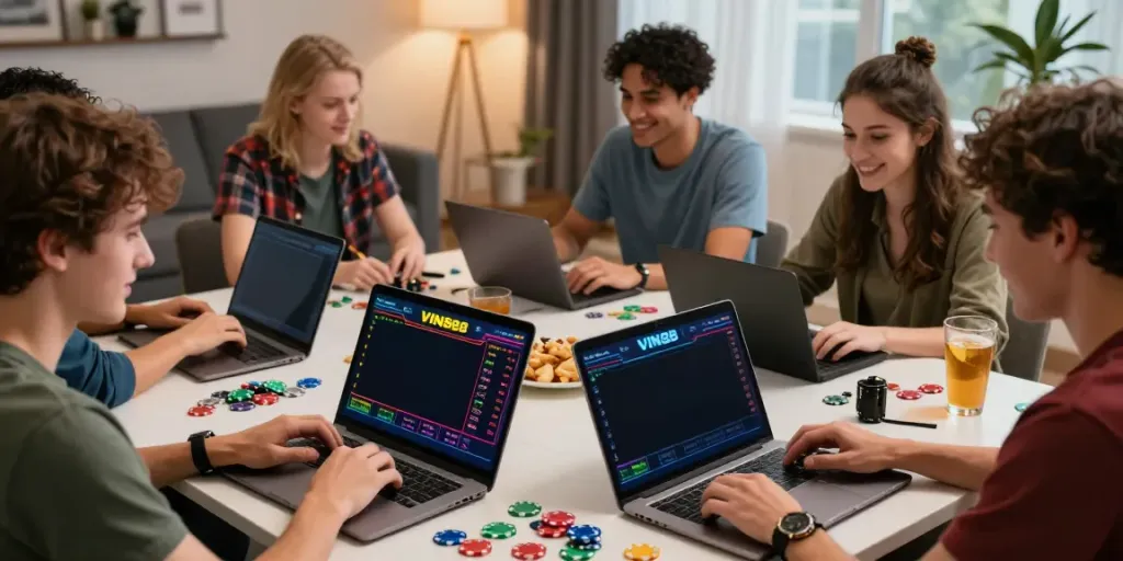 Players immersed in online betting activities at VIN 888, showcasing excitement and camaraderie.