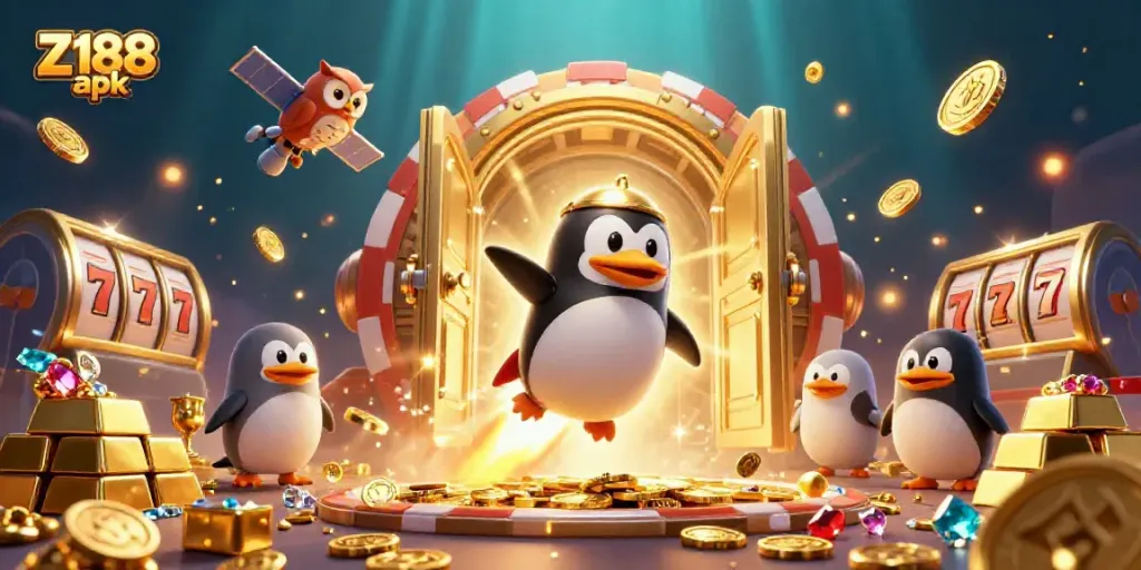 Engage with the thrilling Z188 apk adventure featuring a golden penguin racing to a casino, surrounded by treasure.